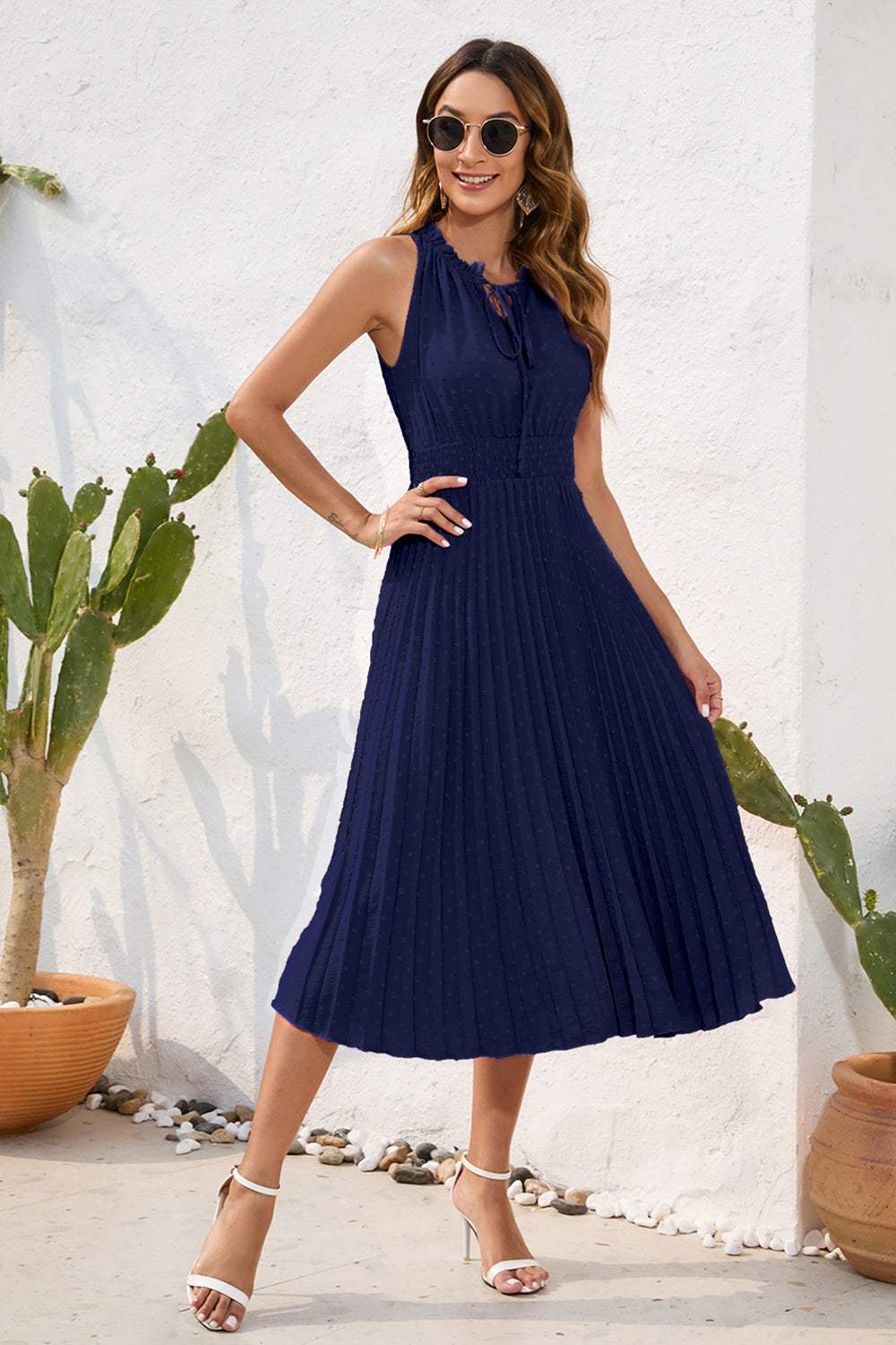 Swiss Dot Tie Neck Sleeveless Dress - Trendsi - Flyclothing LLC