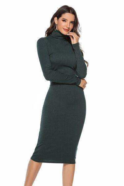 Ribbed Turtleneck Long Sleeve Dress - Trendsi - Flyclothing LLC