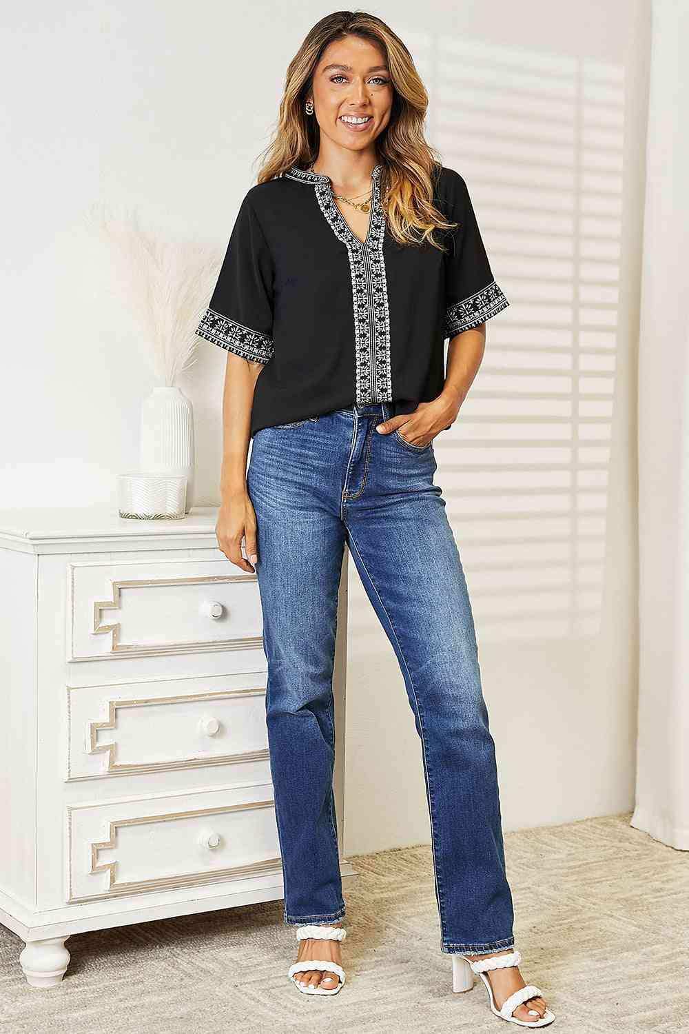 Double Take Embroidered Notched Neck Top - Trendsi - Flyclothing LLC
