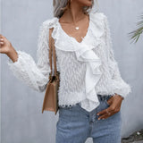 Ruffle Hem Fringe V-Neck Balloon Sleeve Blouse - Trendsi - Flyclothing LLC