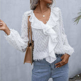 Ruffle Hem Fringe V-Neck Balloon Sleeve Blouse - Trendsi - Flyclothing LLC