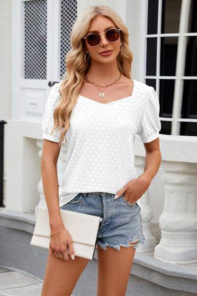 Eyelet Short Sleeve T-Shirt - Trendsi - Flyclothing LLC