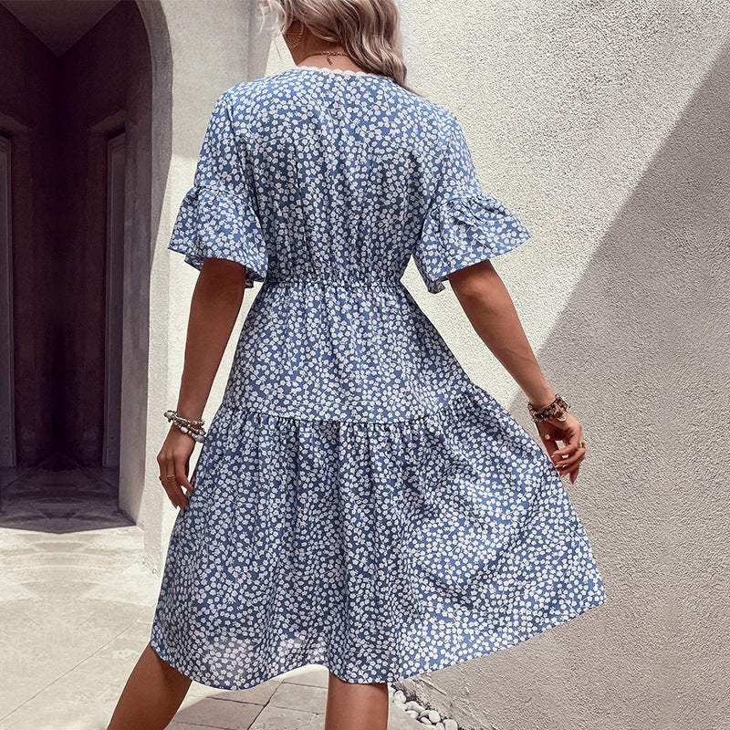 Floral Flounce Sleeve V-Neck Dress - Trendsi - Flyclothing LLC