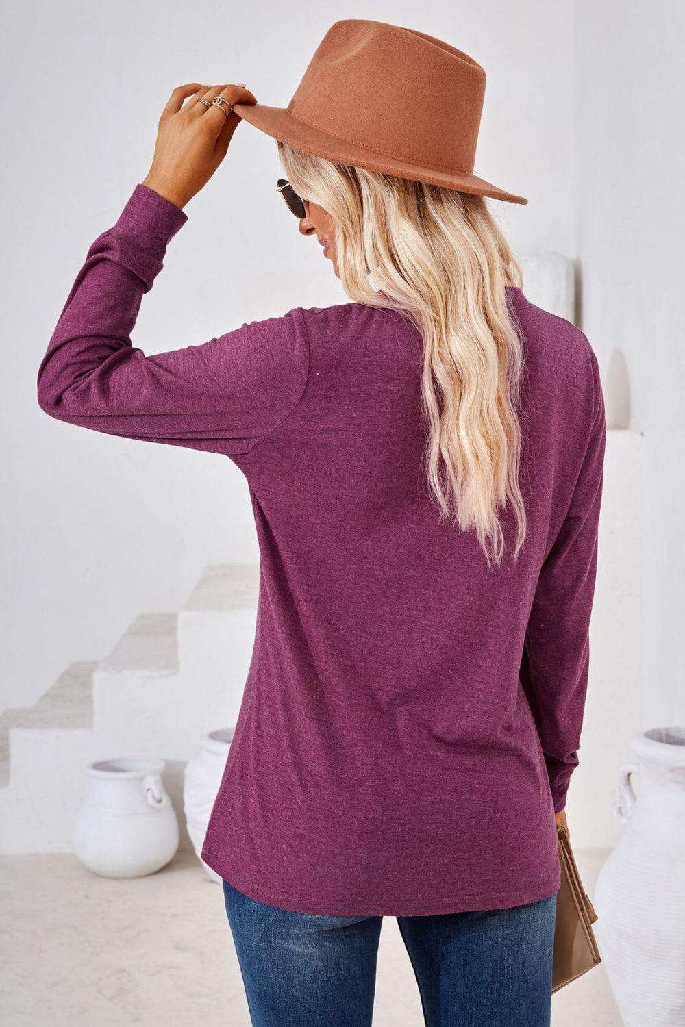 V-Neck Buttoned Long Sleeve Blouse - Trendsi - Flyclothing LLC