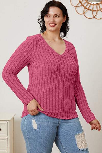 Basic Bae Full Size Ribbed V-Neck Long Sleeve T-Shirt - Trendsi - Flyclothing LLC