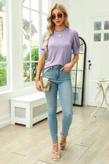 Openwork Round Neck Short Sleeve Blouse - Trendsi - Flyclothing LLC