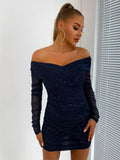 Glitter Ruched Off-Shoulder Long Sleeve Bodycon Dress - Trendsi