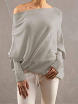 Full Size Boat Neck Batwing Sleeve Knit Top - Trendsi - Flyclothing LLC