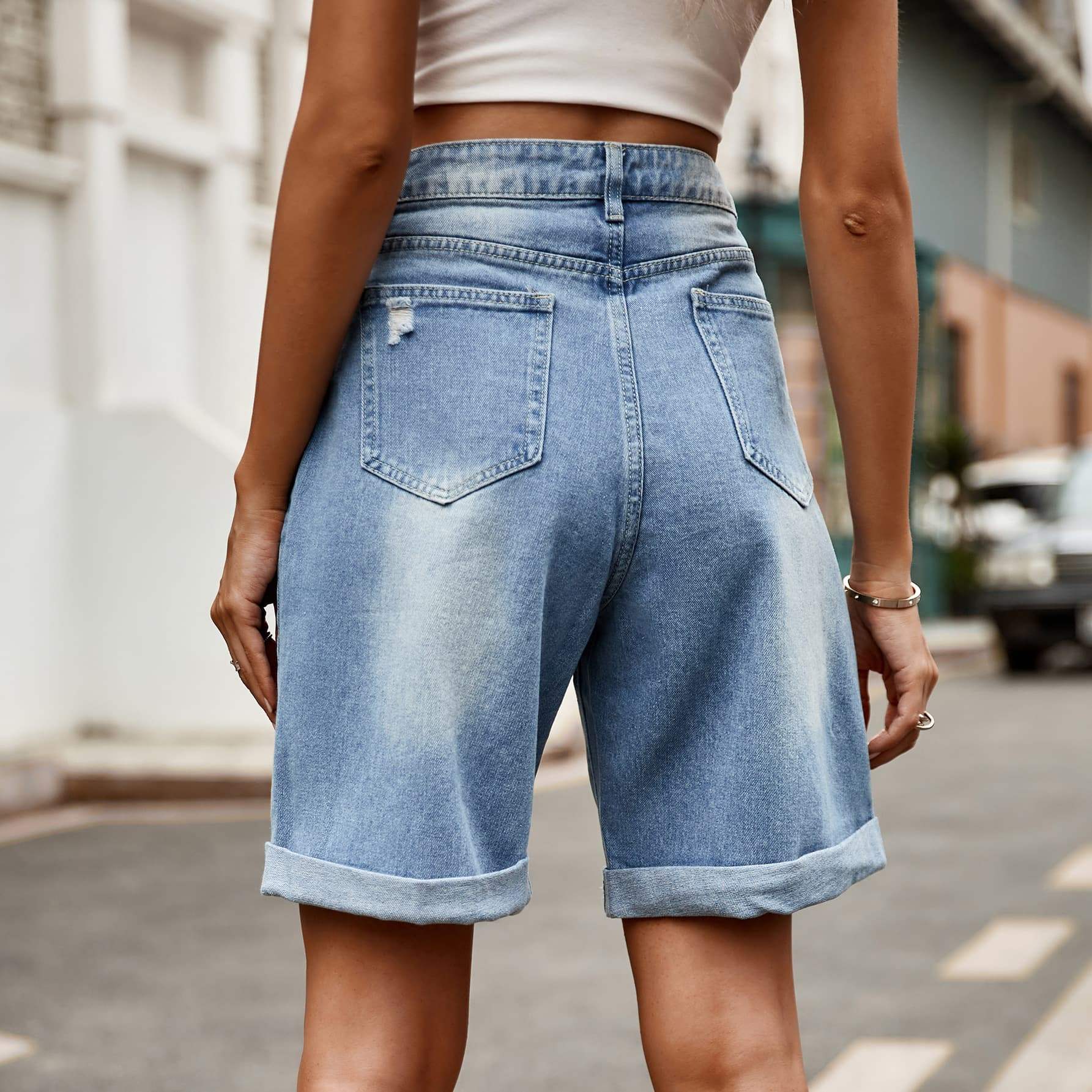 Distressed Buttoned Denim Shorts with Pockets - Trendsi - Flyclothing LLC