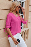 Eyelet Drawstring V-Neck Half Sleeve T-Shirt - Trendsi - Flyclothing LLC