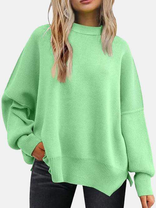 Round Neck Drop Shoulder Slit Sweater - Trendsi - Flyclothing LLC