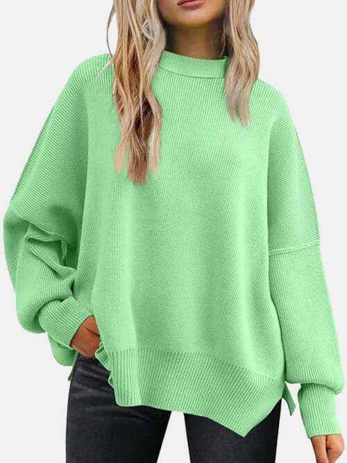 Round Neck Drop Shoulder Slit Sweater - Trendsi - Flyclothing LLC