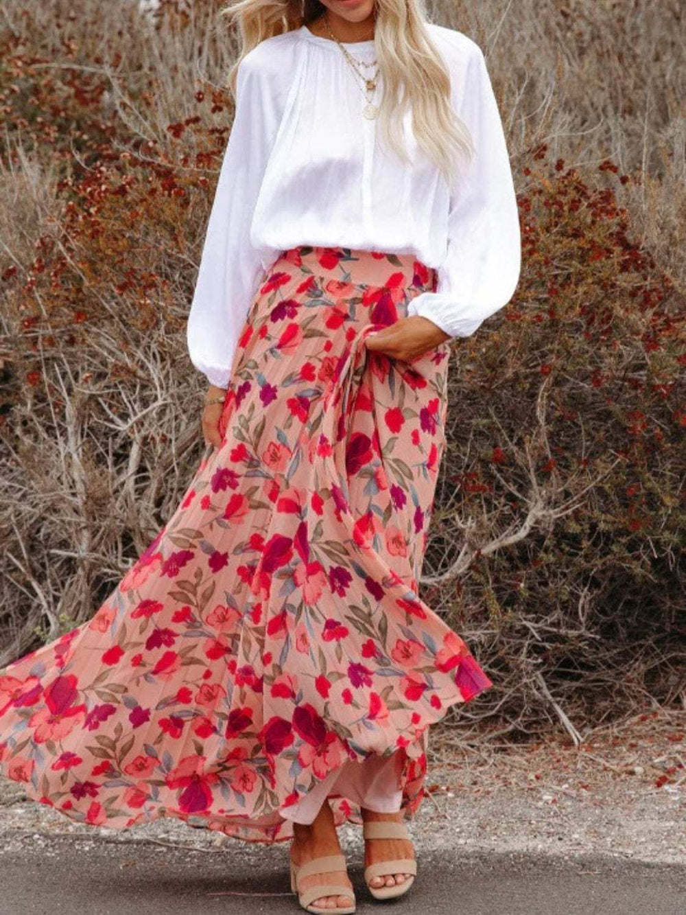 Printed Elastic Waist Pleated Maxi Skirt - Trendsi - Flyclothing LLC