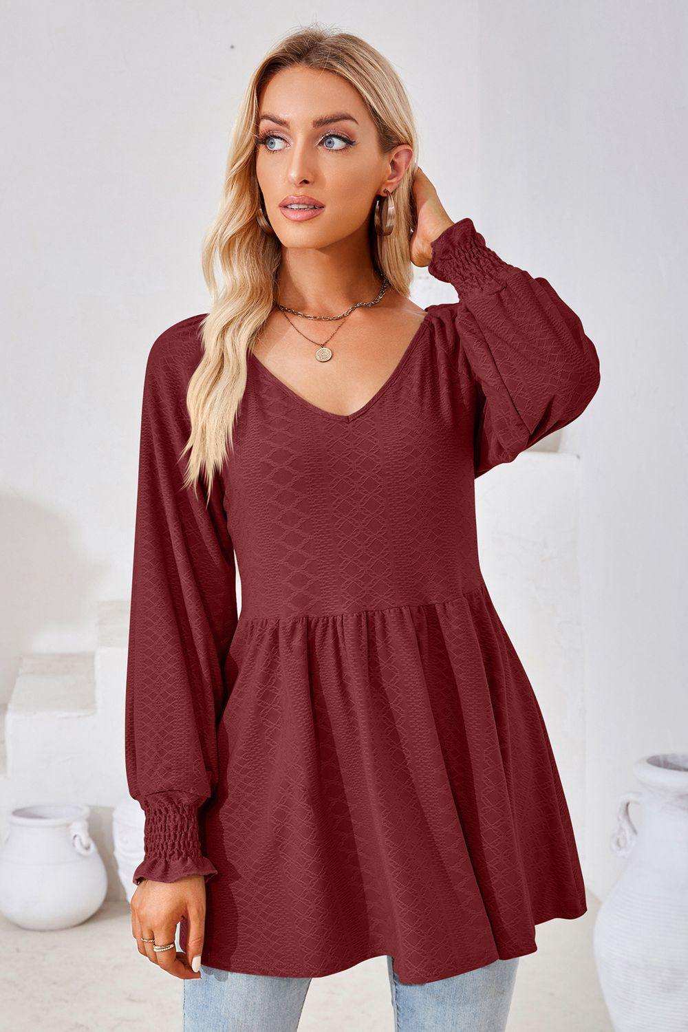 V-Neck Lantern Sleeve Blouse - Trendsi - Flyclothing LLC