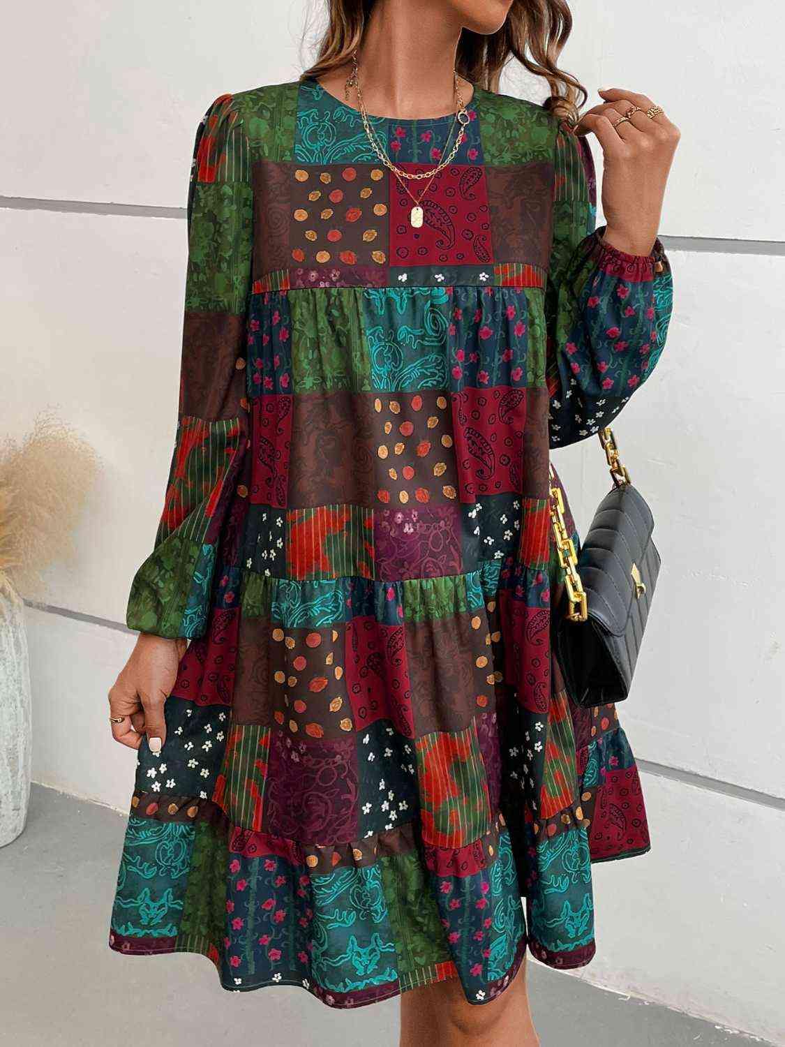 Patchwork Round Neck Long Sleeve Dress - Trendsi