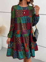Patchwork Round Neck Long Sleeve Dress - Trendsi - Flyclothing LLC