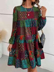 Patchwork Round Neck Long Sleeve Dress - Trendsi