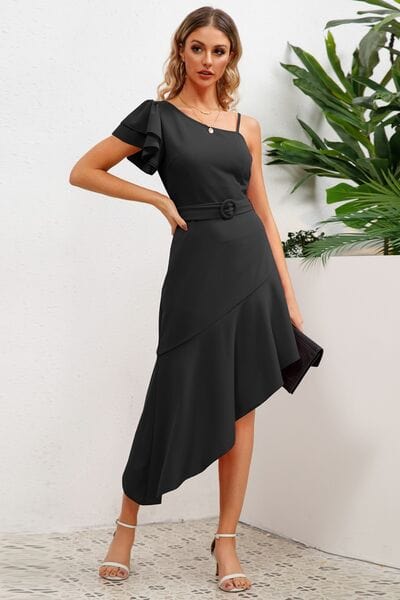 Ruffled Asymmetrical Neck Flutter Sleeve Dress - Trendsi