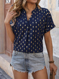 Printed Notched Short Sleeve Blouse - Trendsi