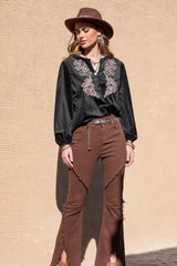 Notched Neck Long Sleeve Blouse - Trendsi - Flyclothing LLC