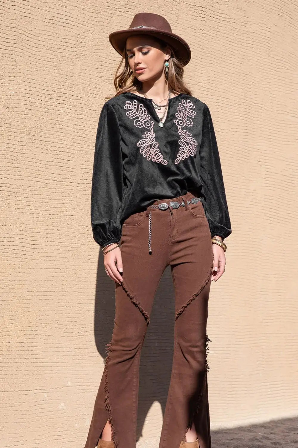 Notched Neck Long Sleeve Blouse - Trendsi - Flyclothing LLC