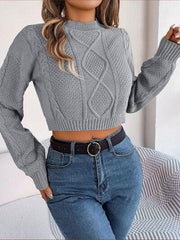 Cable-Knit Round Neck Cropped Sweater - Trendsi