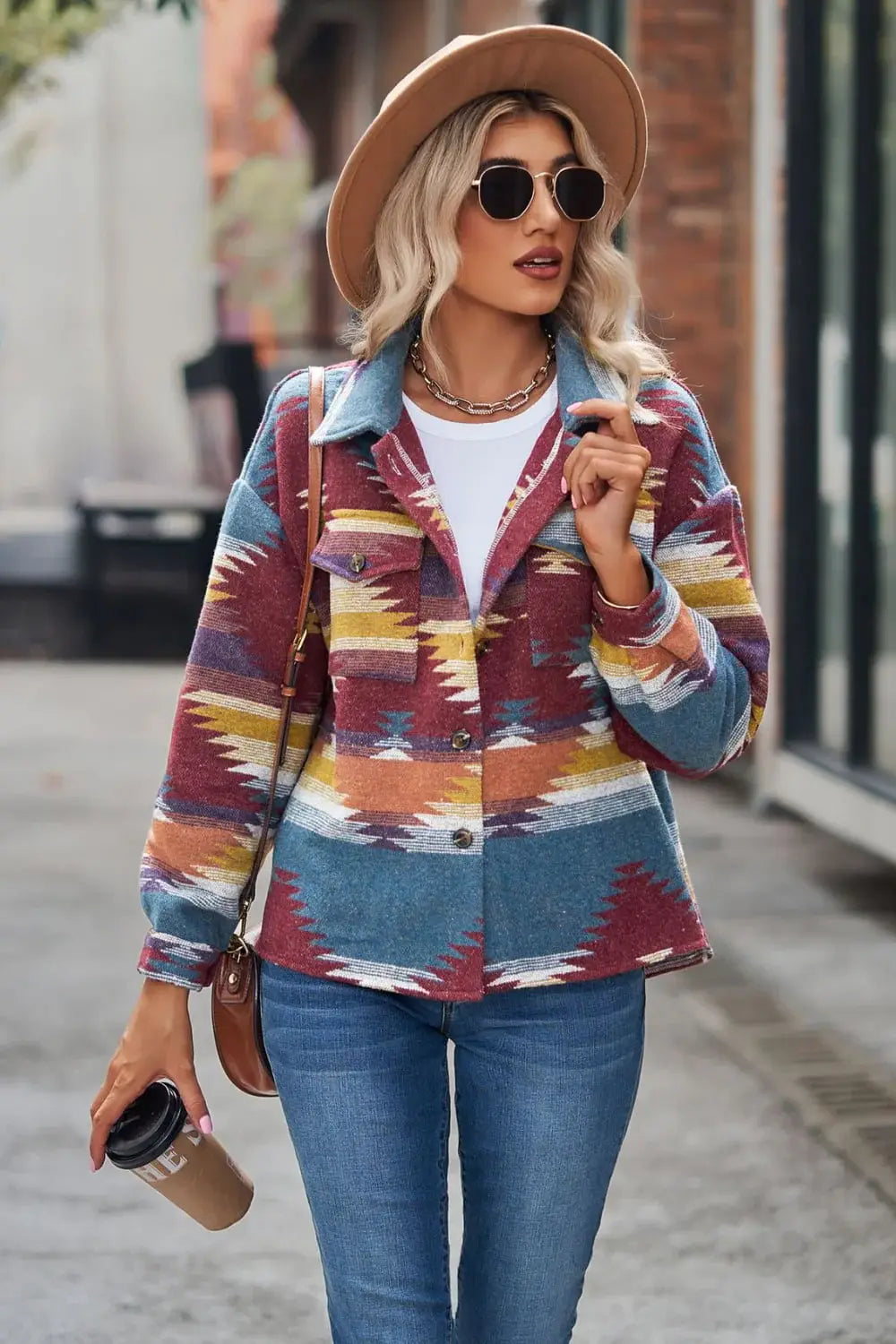 Printed Collared Neck Jacket - Trendsi - Flyclothing LLC