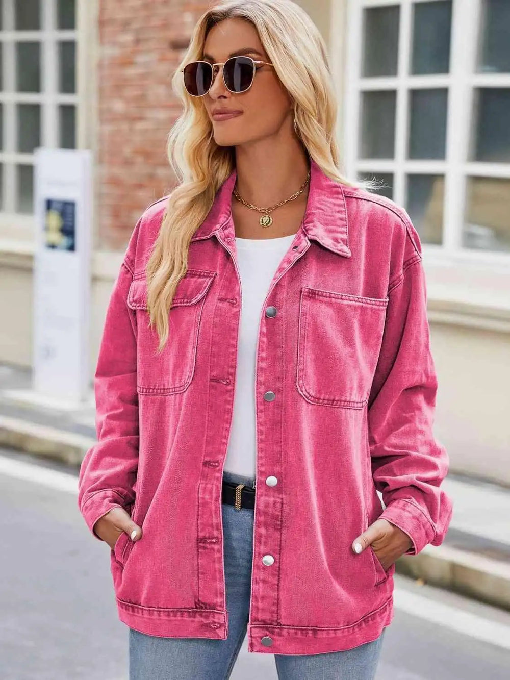 Button Up Denim Jacket with Pockets - Trendsi