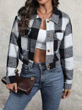 Plaid Button Up Drop Shoulder Cropped Jacket - Trendsi - Flyclothing LLC