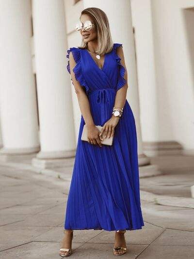 Tied Surplice Cap Sleeve Pleated Dress - Trendsi - Flyclothing LLC