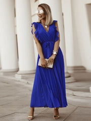 Tied Surplice Cap Sleeve Pleated Dress - Flyclothing LLC