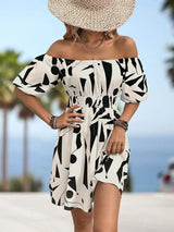 Printed Off-Shoulder Smocked Waist Dress - Trendsi - Flyclothing LLC