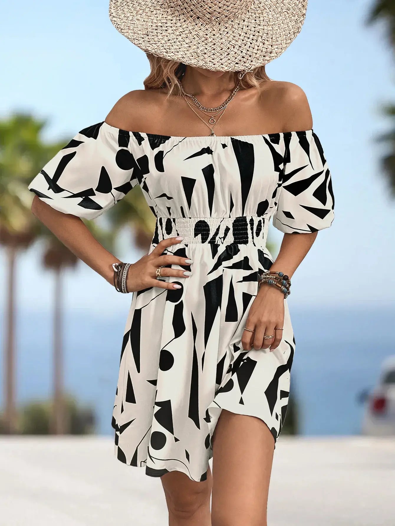 Printed Off-Shoulder Smocked Waist Dress - Trendsi - Flyclothing LLC