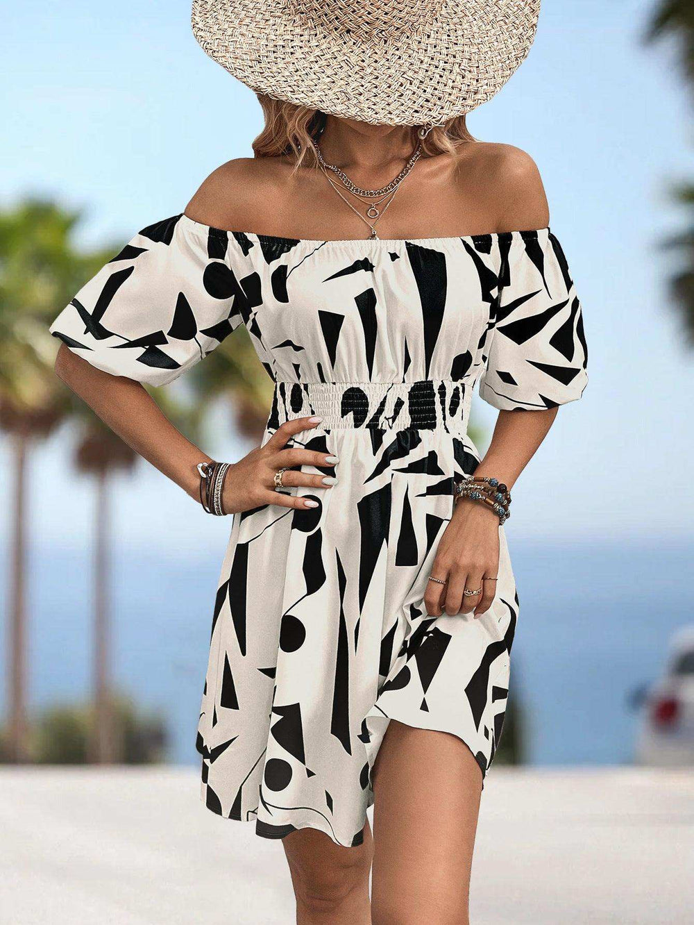 Printed Off-Shoulder Smocked Waist Dress - Trendsi - Flyclothing LLC