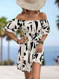 Printed Off-Shoulder Smocked Waist Dress - Trendsi - Flyclothing LLC