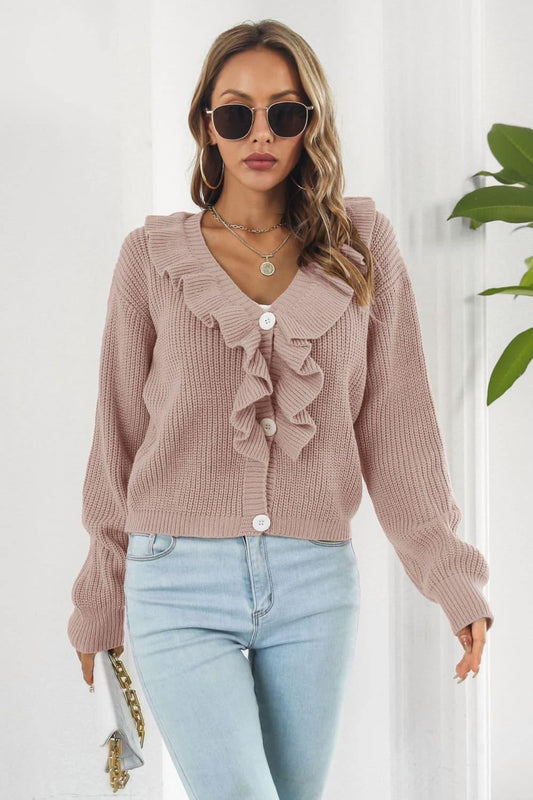 Ruffle Trim Button-Down Dropped Shoulder Sweater - Trendsi