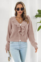 Ruffle Trim Button-Down Dropped Shoulder Sweater - Trendsi