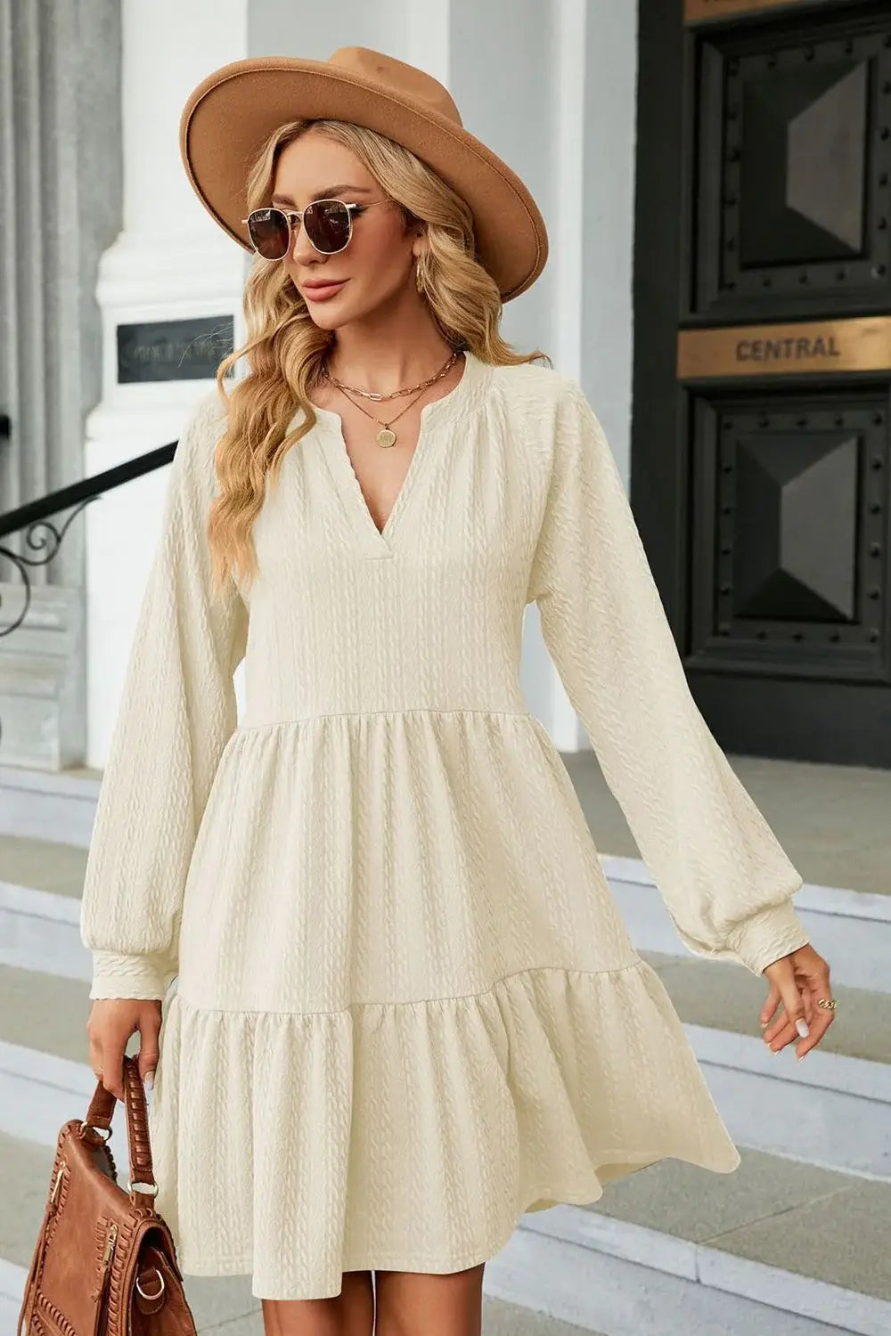 Notched Neck Long Sleeve Mini Dress - Trendsi - Flyclothing LLC