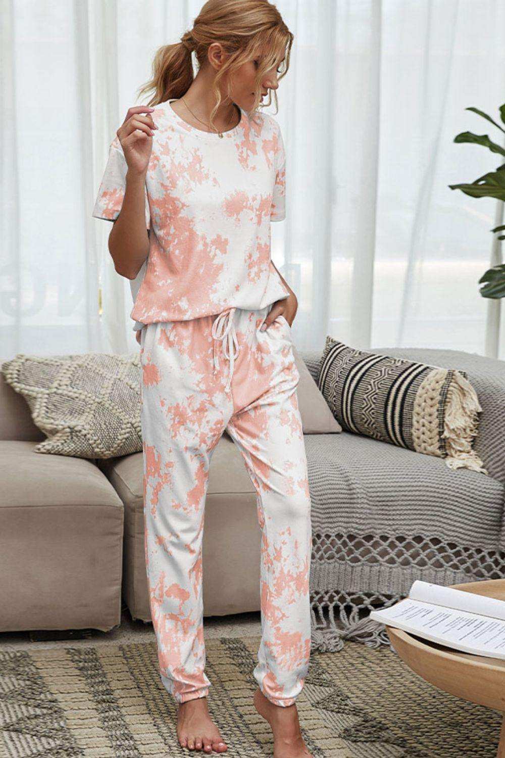 Tie-Dye Tee and Drawstring Waist Joggers Lounge Set - Trendsi - Flyclothing LLC