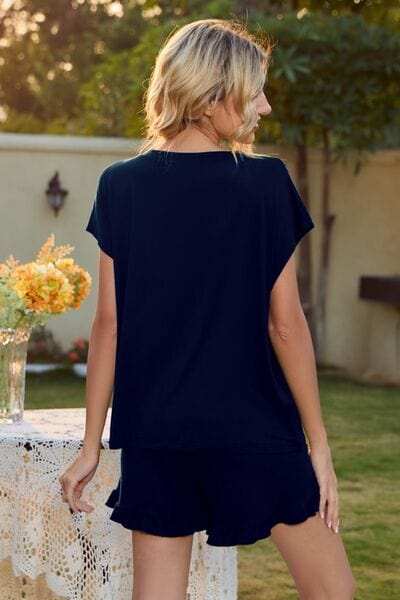 Round Neck Short Sleeve T-Shirt and Drawstring Shorts Lounge Set - Trendsi - Flyclothing LLC