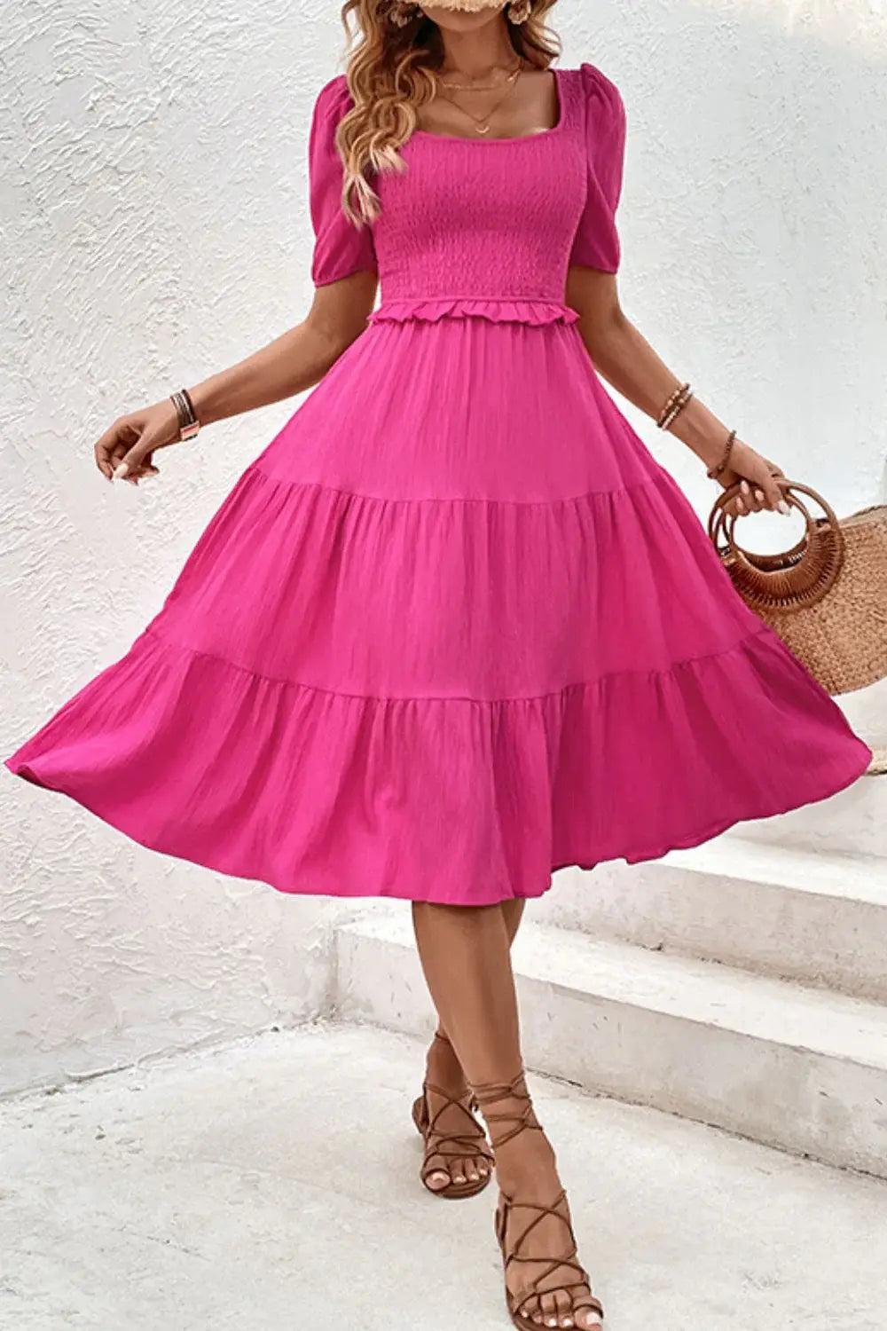 Square Neck Puff Sleeve Cutout Dress - Trendsi - Flyclothing LLC