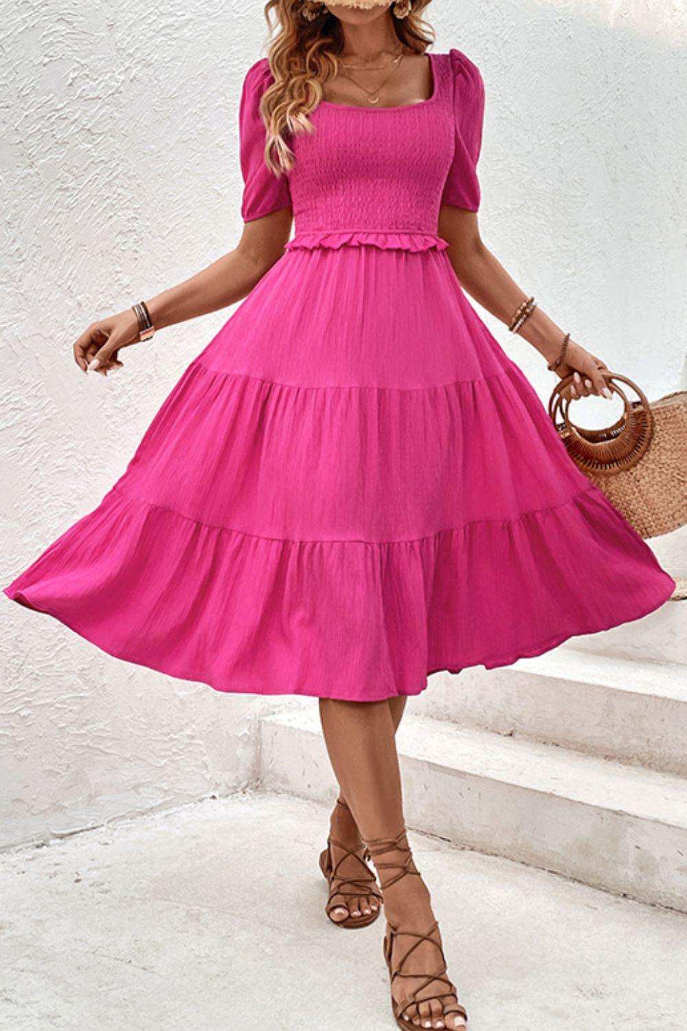 Square Neck Puff Sleeve Cutout Dress - Trendsi - Flyclothing LLC