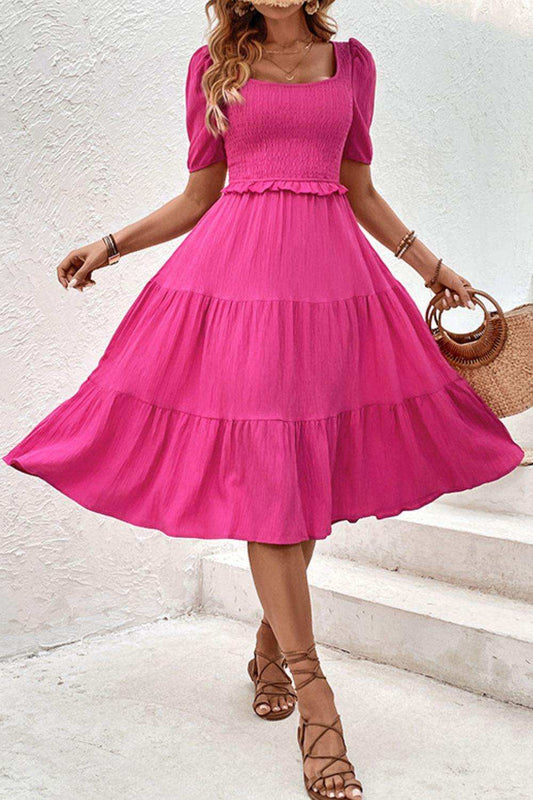 Square Neck Puff Sleeve Cutout Dress - Trendsi - Flyclothing LLC