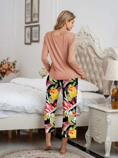 Round Neck Top and Printed Pants Lounge Set - Trendsi - Flyclothing LLC