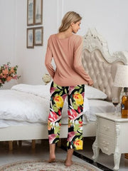 Round Neck Top and Printed Pants Lounge Set - Trendsi