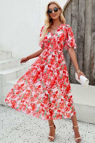 Smocked Printed V-Neck Short Sleeve Dress - Trendsi - Flyclothing LLC