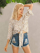 Tied Printed Button Up V-Neck Blouse - Trendsi - Flyclothing LLC