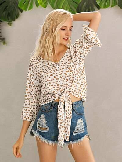 Tied Printed Button Up V-Neck Blouse - Trendsi - Flyclothing LLC