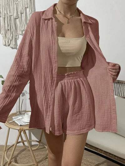 Dropped Shoulder Button Up Top and Elastic Waist Shorts Set - Trendsi - Flyclothing LLC