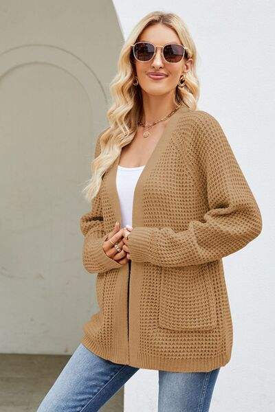 Open Front Raglan Sleeve Pocketed Cardigan - Trendsi - Flyclothing LLC